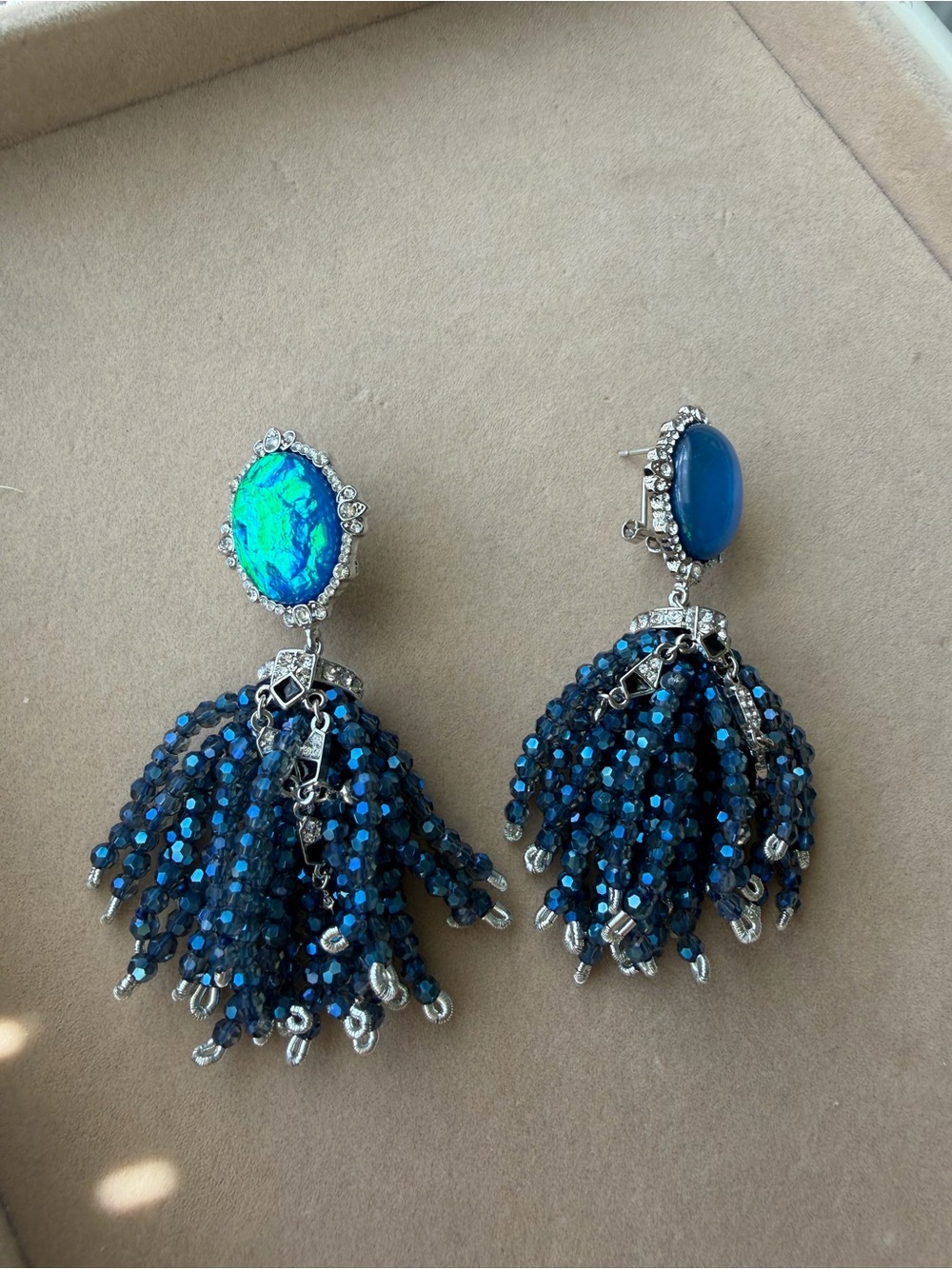 925 silver posts Blue Beaded Tassel Drop Earrings - Women Jewelry